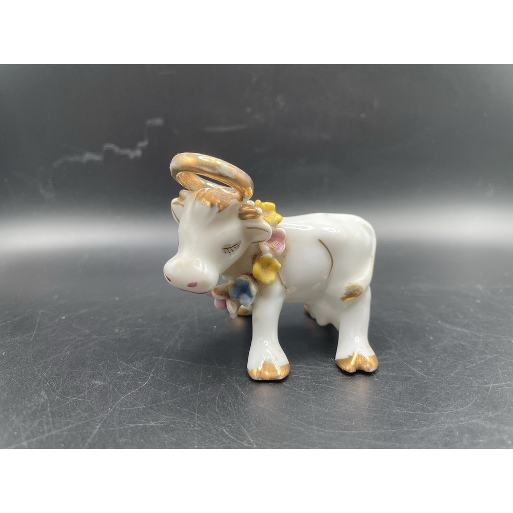 Vtg Made In Japan Cow With Halo And Flowers Figurine - Picture 2 of 6